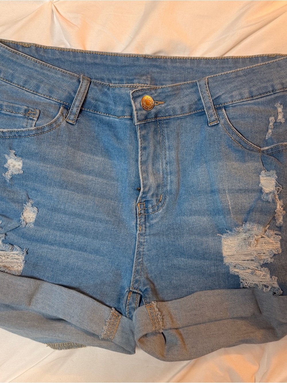 SHEIN Blue Denim Distressed Jean Shorts with Hemmed Bottom sz L 8-10
